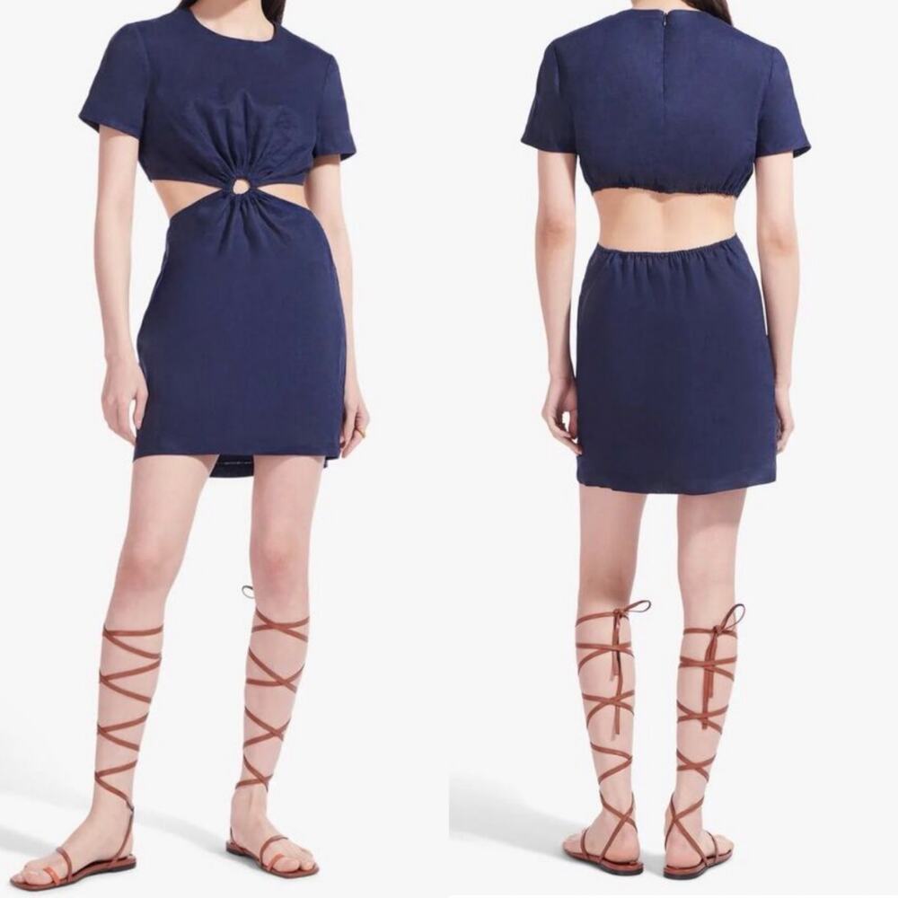 Staud Epona Sheath Dress Large Ring Detail Short Sleeve Cutout Linen Mini Navy L